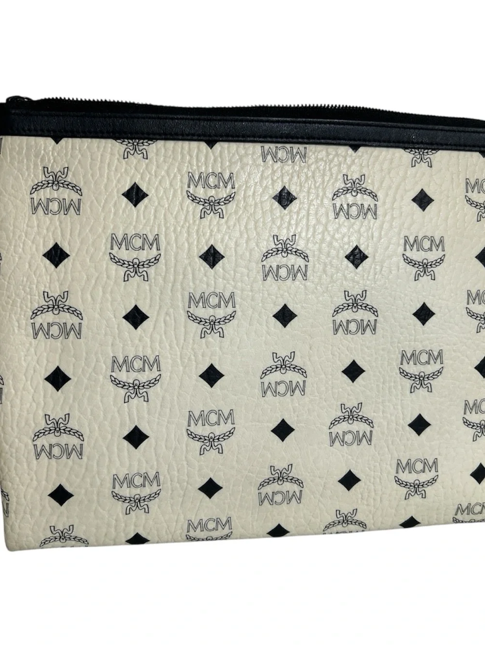 MCM White Leather Clutch with Red Lip Print